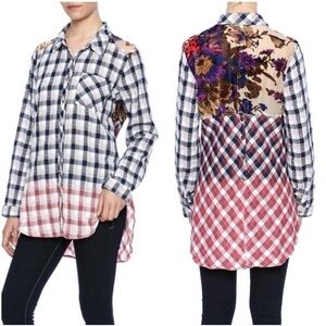 Aratta Top Women S Boho Valencia Plaid Floral Burnout Mixed Media Button Up